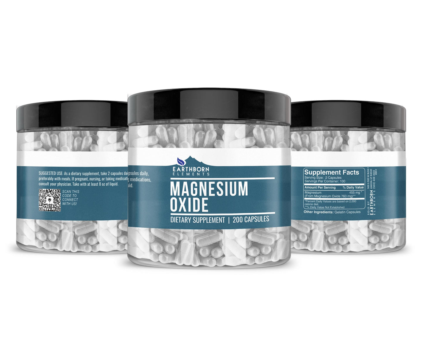 Earthborn Elements Magnesium Oxide – 200 Capsules, Pure & Undiluted, No Additives