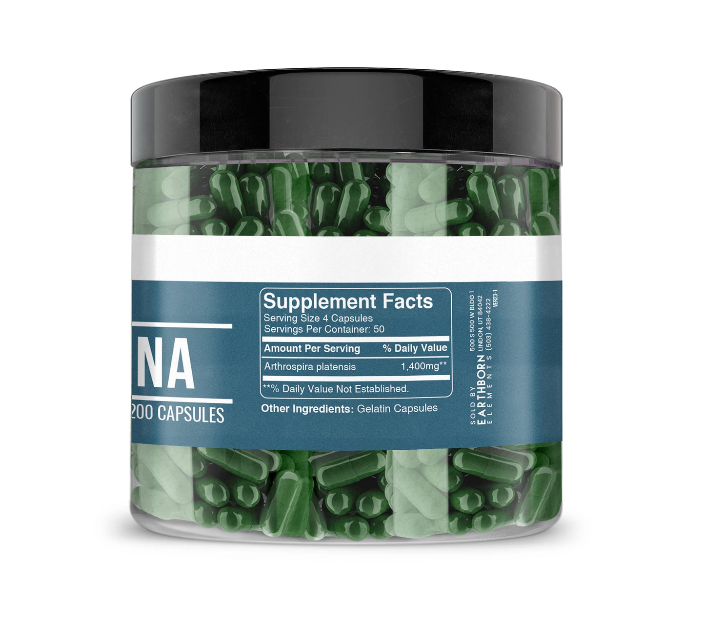 Earthborn Elements Spirulina 200 Capsules – Pure & Undiluted, No Additives | 50 Day Supply