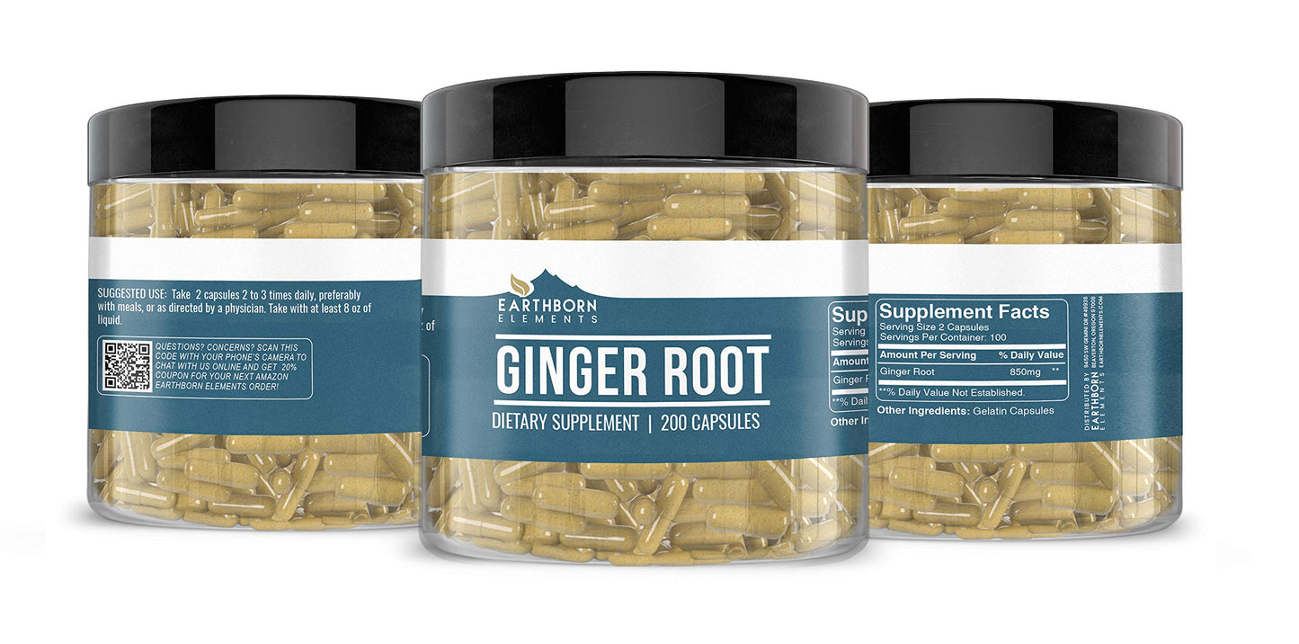 Earthborn Elements Ginger Root Capsules - 200, Pure & Undiluted, No Additives