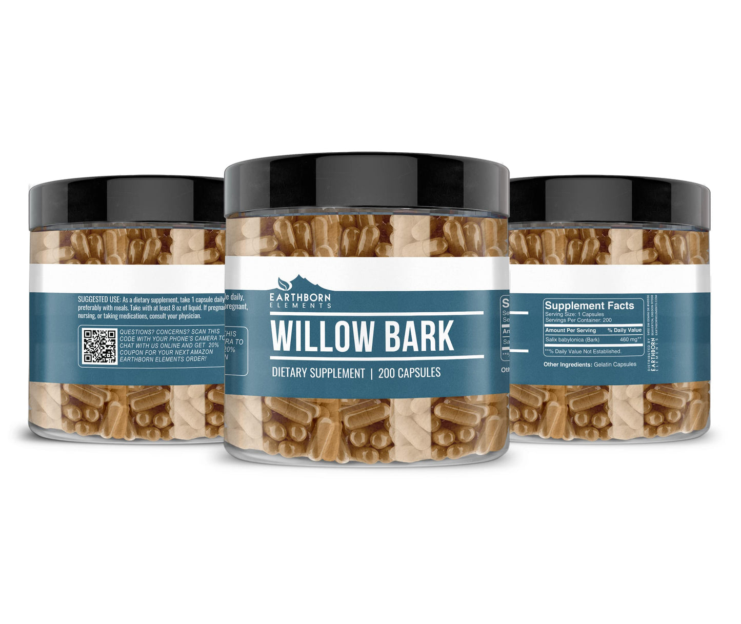 Earthborn Elements Willow Bark Extract Capsules (200 Count) - Pure & Undiluted, No Additives