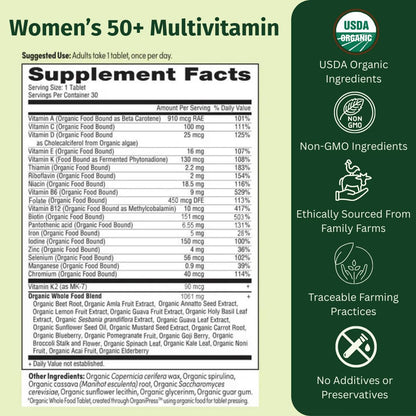 EarthFirst Organic Once Daily Multivitamin for Women 50+ - Bone, Energy & Heart Health (60 Count)