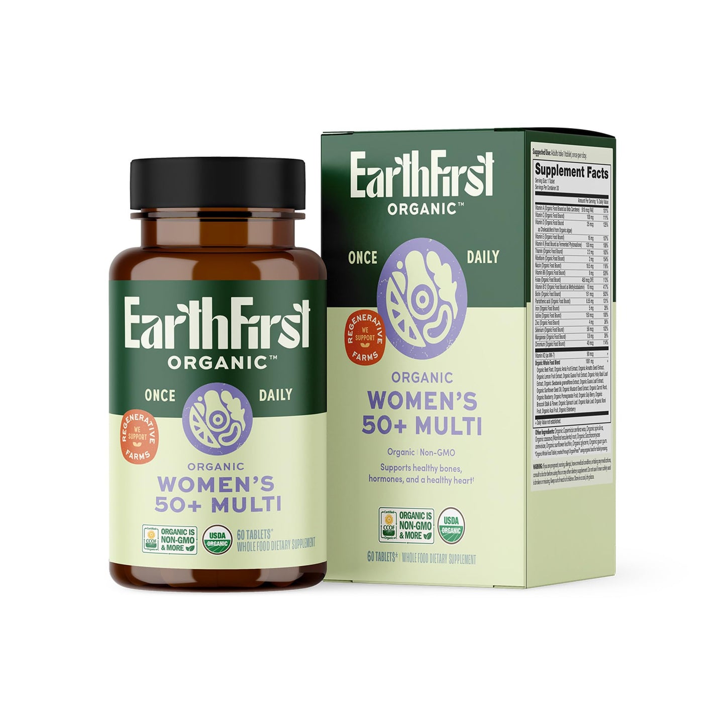 EarthFirst Organic Once Daily Multivitamin for Women 50+ - Bone, Energy & Heart Health (60 Count)