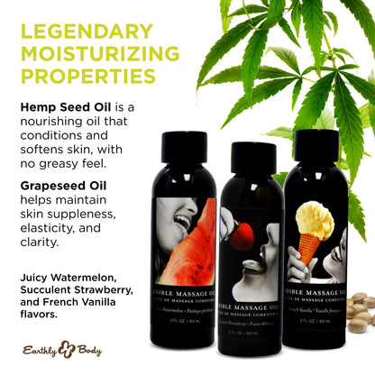 Earthly Body Edible Massage Oil Gift Set | 3 x 2 oz | Watermelon, Strawberry & Vanilla | Vegan & Cruelty-Free