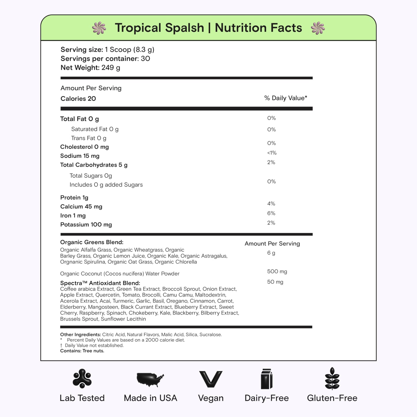 Kiala Nutrition Super Greens — Organic Greens Powder with Spectra Blend, Tropical Splash, 30 Servings