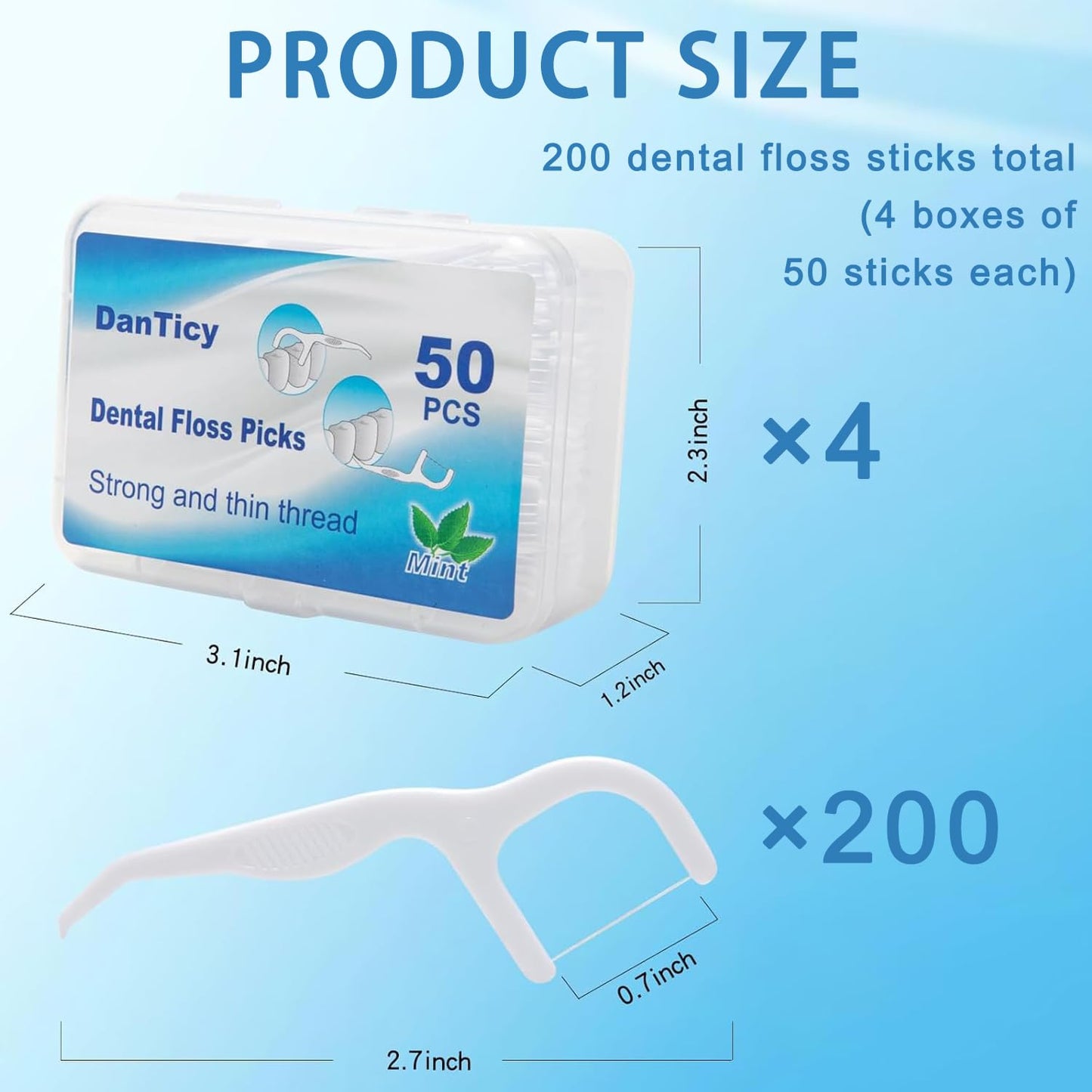 Extra Strong Dental Floss Picks | 50 Count x 4 Pack | Easy Grip Flosser for Adults | Fresh Mint