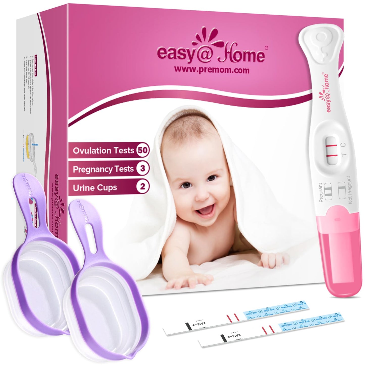 Easy@Home Ovulation & Pregnancy Test Kit – 50 Strips, 3 Tests, 2 Collapsible Cups for TTC