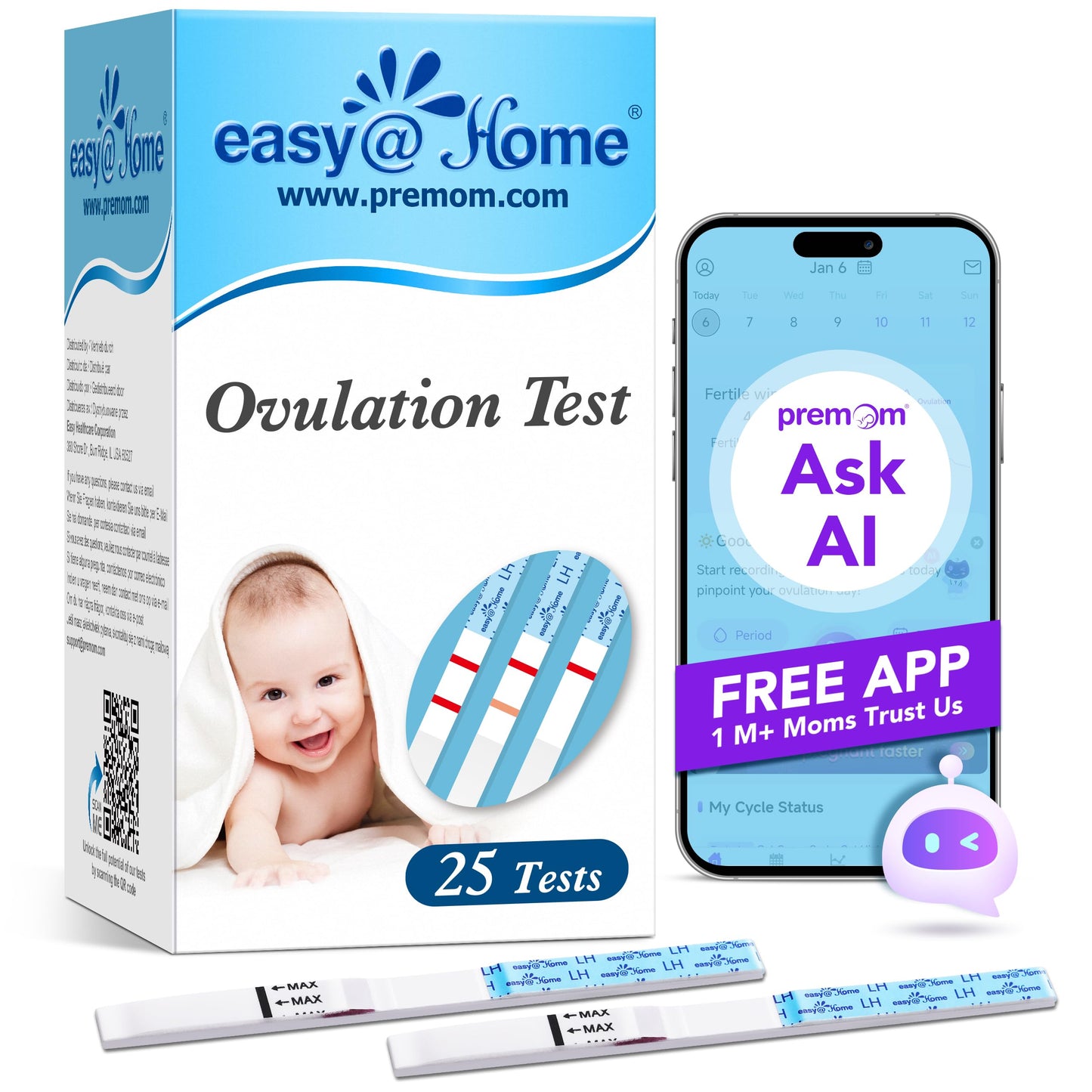 Easy@Home Ovulation Test Strips – 25 Pack, Premom App Compatible