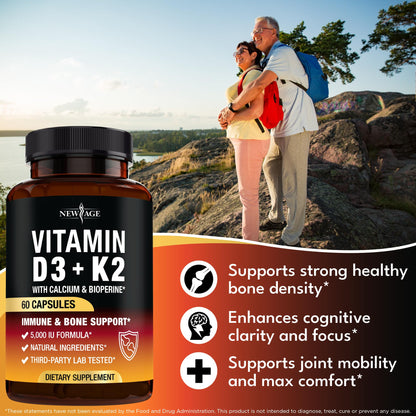 Vitamin D3 5,000 IU + K2 MK-7 100 mcg - 60 Capsules | Bone, Immune & Heart Support - Vegan & Non-GMO