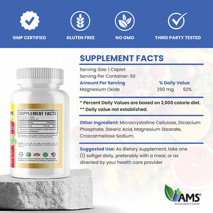 America Medic & Science Magnesium 250 mg (150 Caplets) – 3 Bottles | Magnesium Oxide Supplement