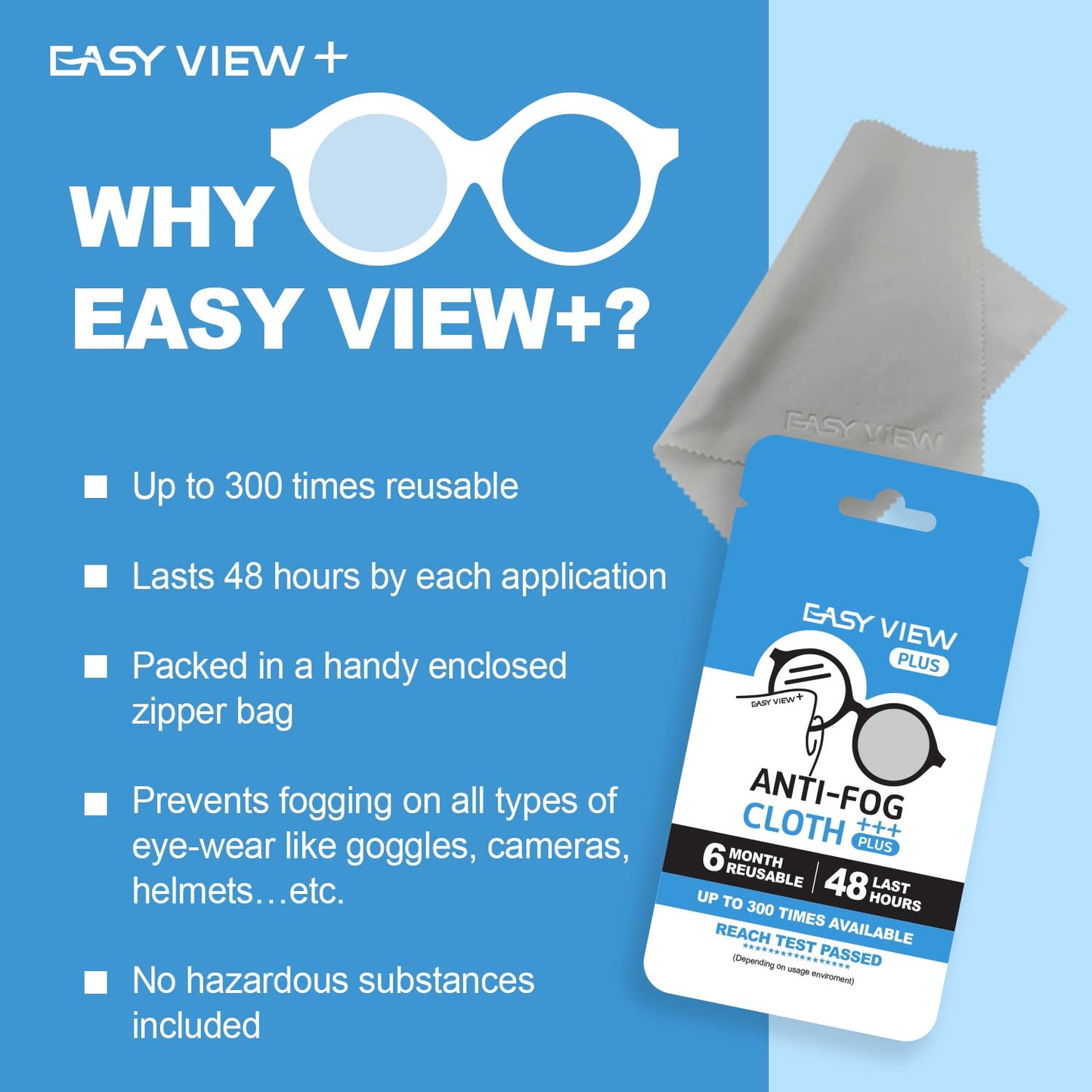 EASY VIEW+ Anti-Fog Microfiber Cloth for Glasses, Goggles, Motorcycle Helmet & Camera Lens