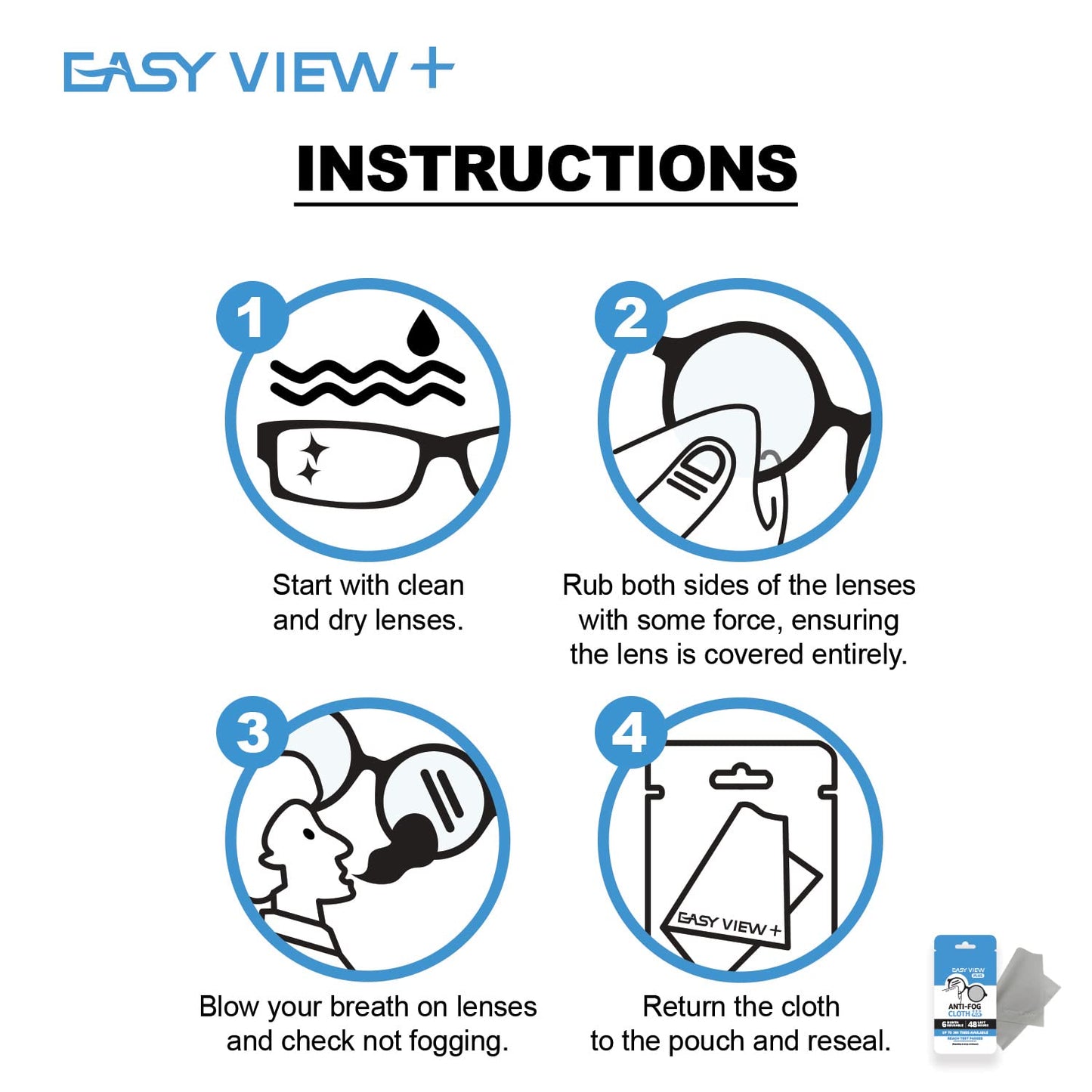 EASY VIEW+ Anti-Fog Microfiber Cloth for Glasses, Goggles, Motorcycle Helmet & Camera Lens