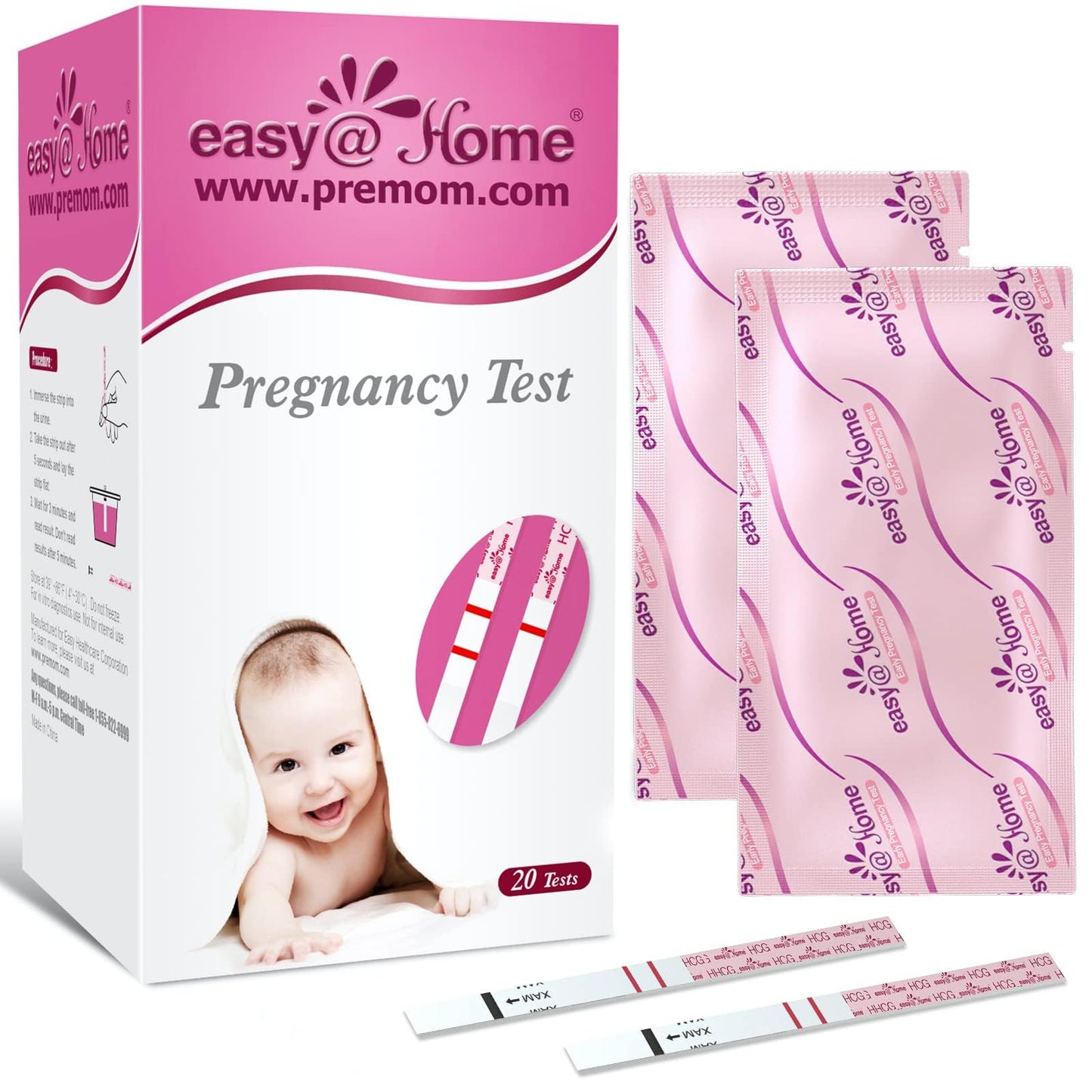 Easy@Home 20-Pack Pregnancy Test Strips – Early hCG Detection with Premom App (Bulk)