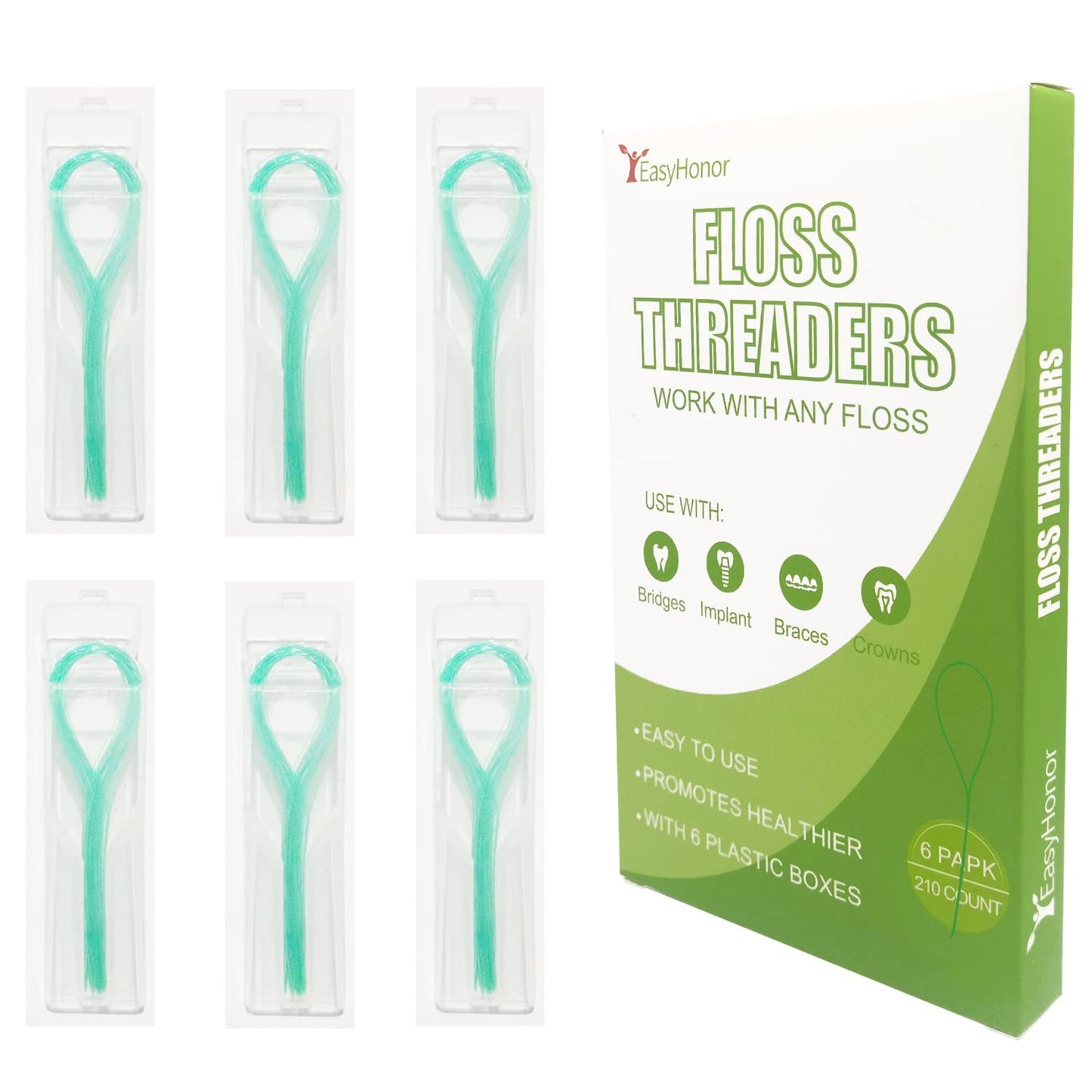 EasyHonor Dental Floss Threaders (Green) – Braces, Bridges & Implants, 210 Count (6 Pack)