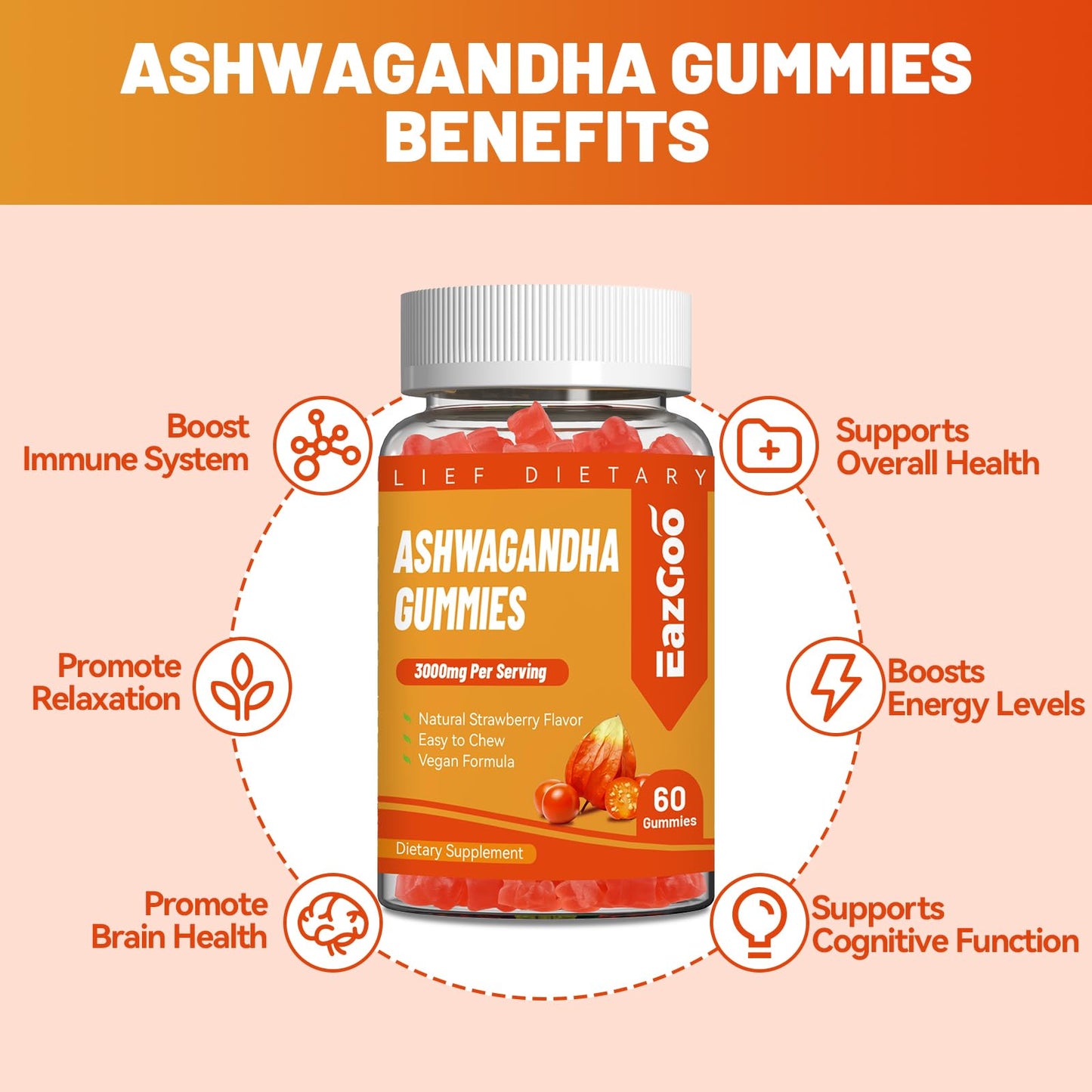 EAZGOO Ashwagandha Gummies & Vitamin D3 – 3000mg Extra Strength Ashwagandha, Strawberry Flavor, 60 Count
