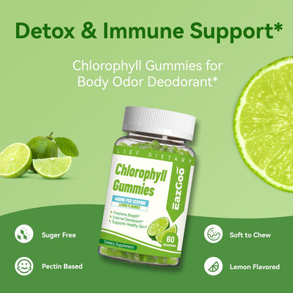EAZGOO Chlorophyll Gummies – Sugar-Free Immune Support & Body Odor Deodorant (Lemon) 60 Count