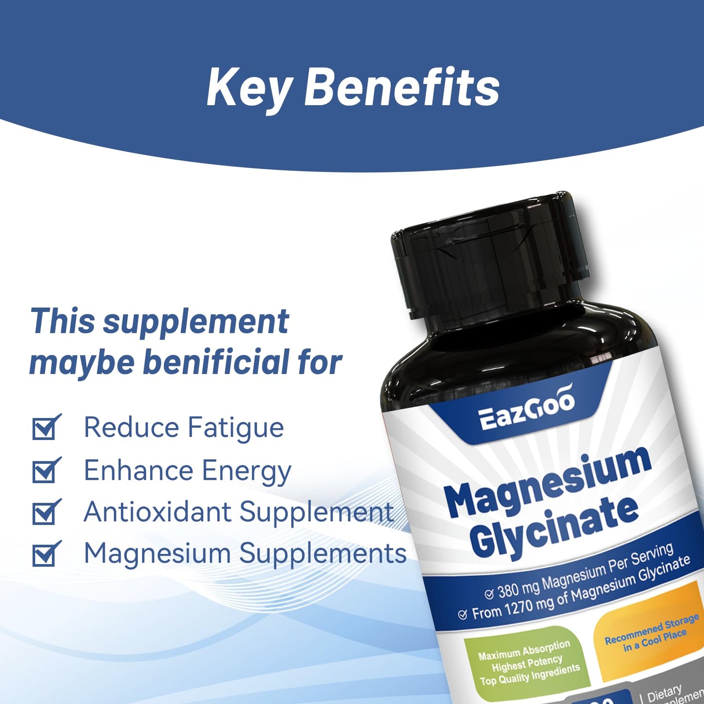EAZGOO Magnesium Glycinate Capsules 1270mg - High Absorption, 90 Caps
