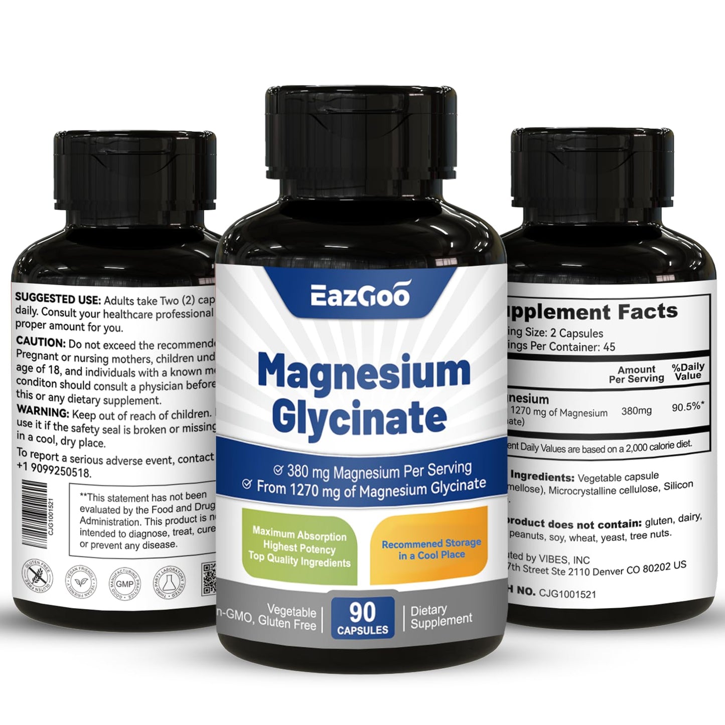 EAZGOO Magnesium Glycinate Capsules 1270mg - High Absorption, 90 Caps