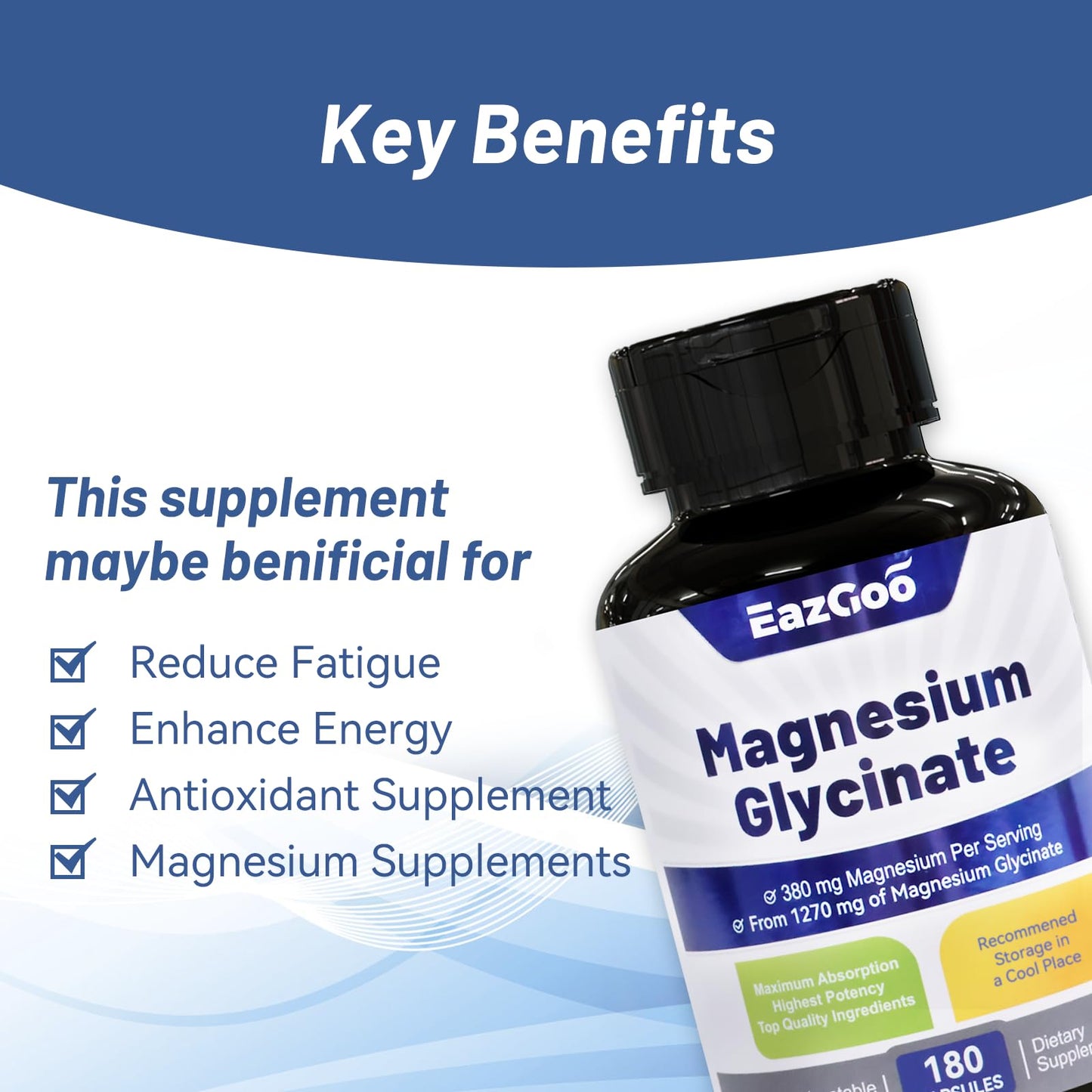 EAZGOO Magnesium Glycinate Capsules – High-Absorption, Non-GMO, Gluten-Free, 180 Capsules