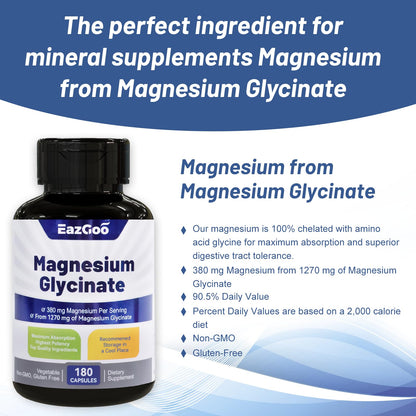 EAZGOO Magnesium Glycinate Capsules – High-Absorption, Non-GMO, Gluten-Free, 180 Capsules