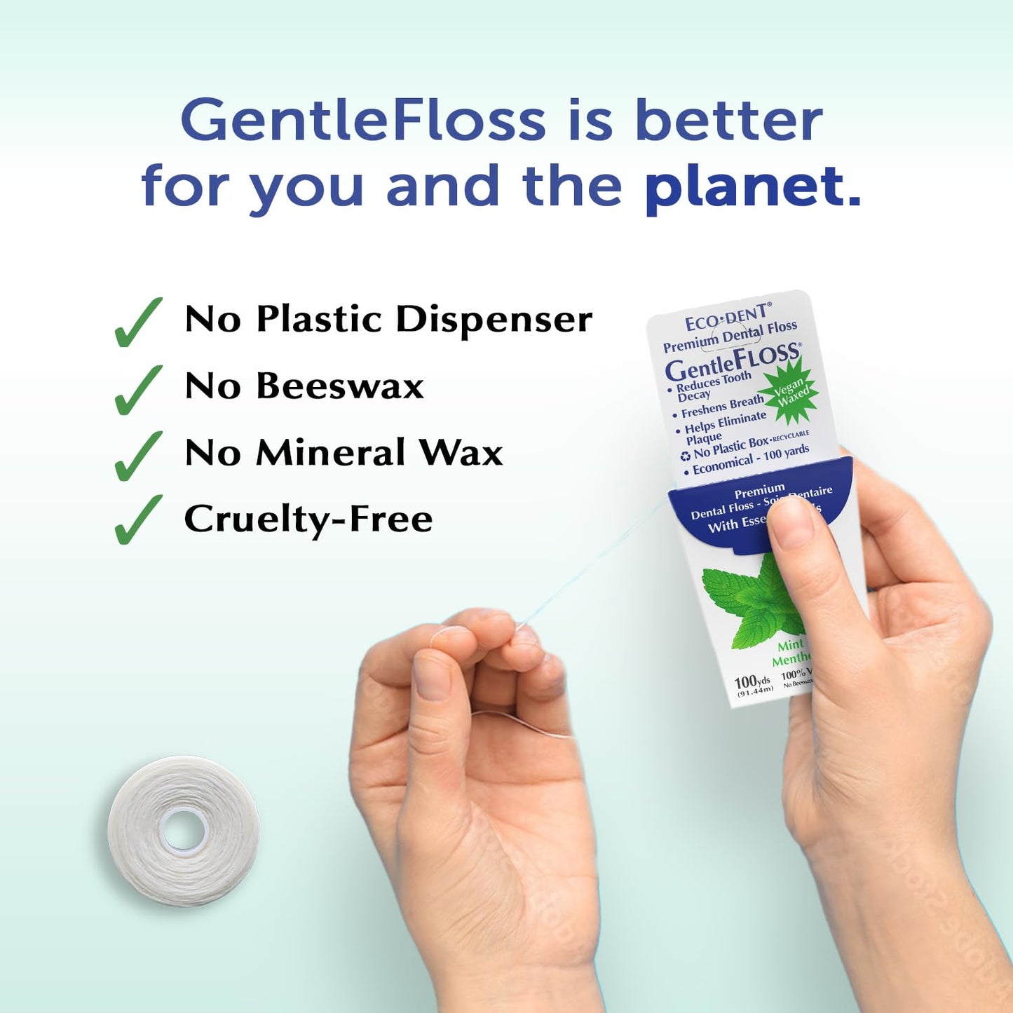 Eco-Dent GentleFloss Mint Dental Floss – Vegan Wax, 100 Yds, Pack of 6