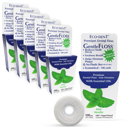 Eco-Dent GentleFloss Waxed Mint Dental Floss – Vegan Wax, 100 Yds x6