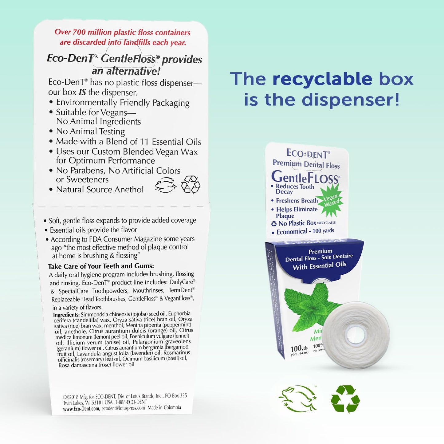 Eco-Dent GentleFloss Waxed Mint Dental Floss – Vegan Wax, 100 Yds x6