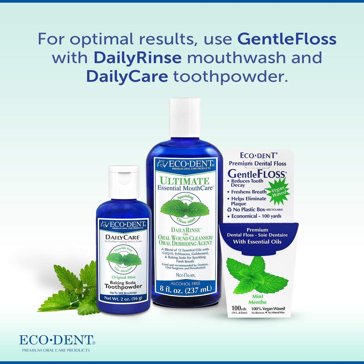 Eco-Dent GentleFloss Waxed Mint Dental Floss – Vegan Wax, 100 Yds x6