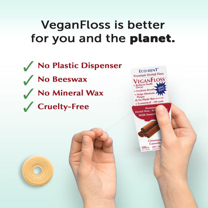 Eco-Dent VeganFloss Dental Floss - Cinnamon Waxed, Plant-Based Wax, 100 Yds (Pack of 6)