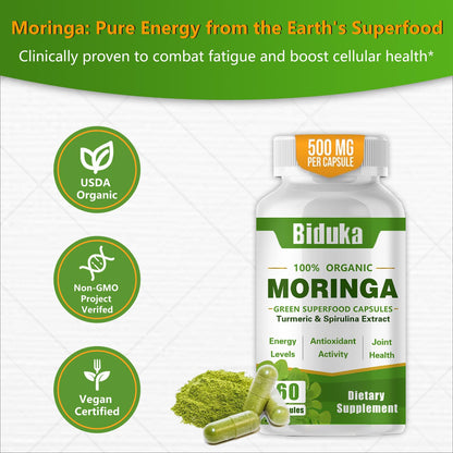 Organic Moringa Capsules 1000mg | Antioxidant Superfood for Energy, Metabolism & Immune Support – Vegan, Non-GMO (60 Caps)