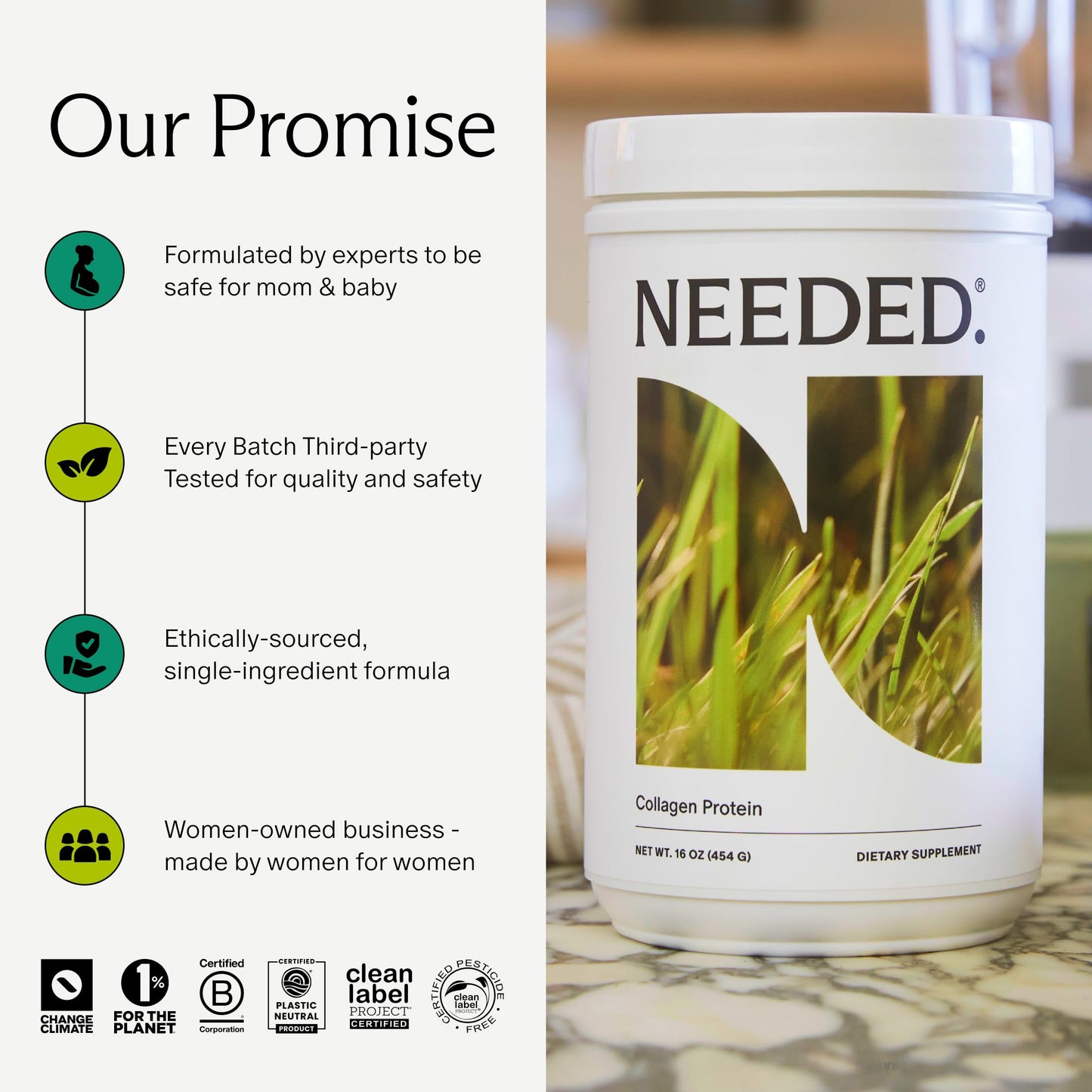 Needed Hydrolyzed Collagen Protein Powder – Grass-Fed, Hormone-Free, 1lb