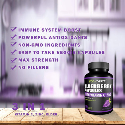 ECO-TASTE Elderberry Capsules with Zinc & Vitamin C | 120 Veggie Caps