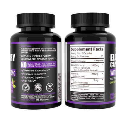 ECO-TASTE Elderberry Capsules with Zinc & Vitamin C | 120 Veggie Caps