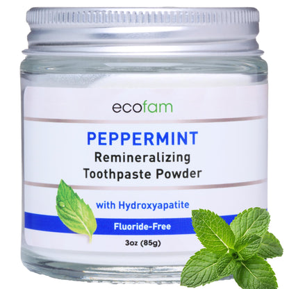 Ecofam Toothpaste Powder - Remineralizing Enamel Support, Hydroxyapatite & Xylitol, Fluoride Free, Peppermint