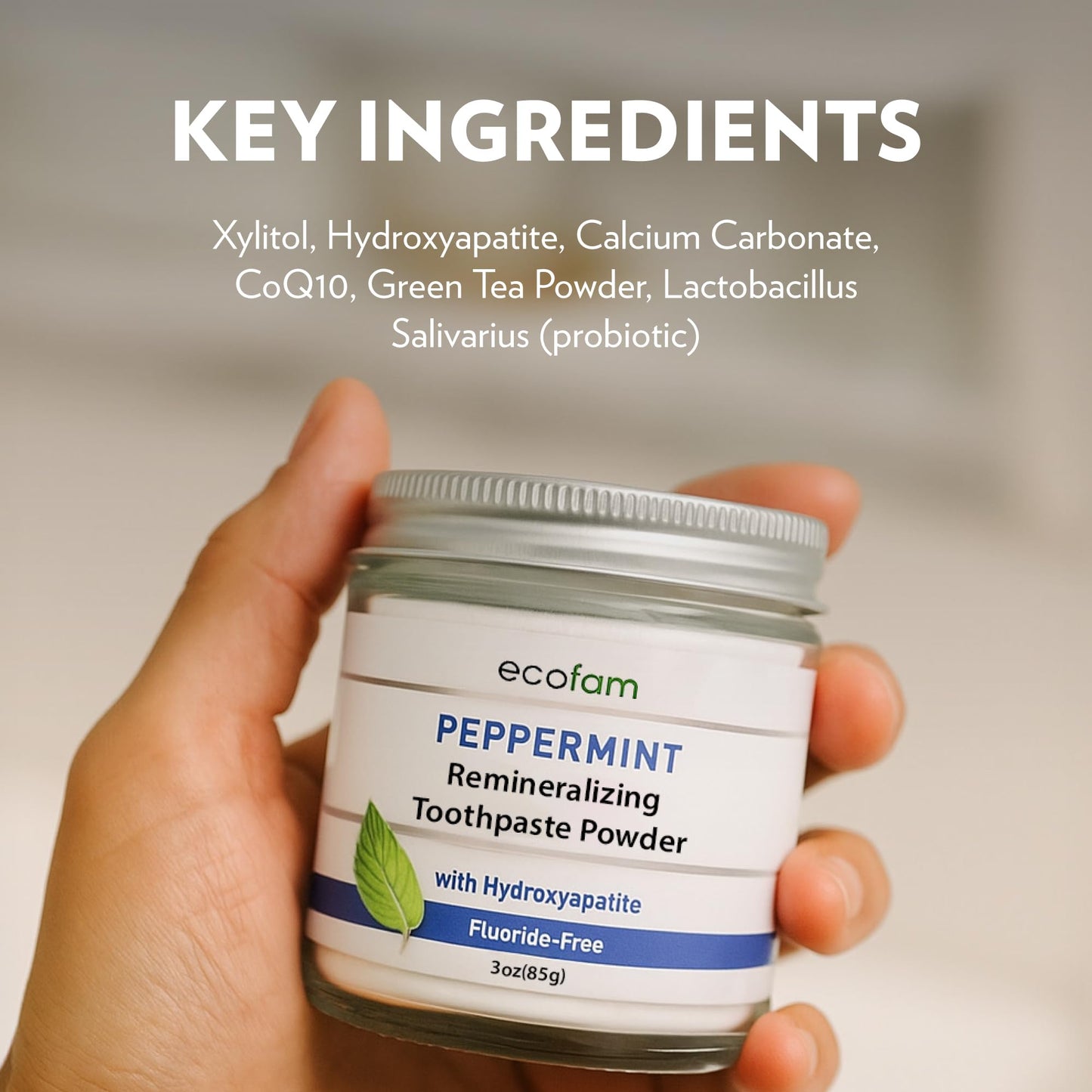 Ecofam Toothpaste Powder - Remineralizing Enamel Support, Hydroxyapatite & Xylitol, Fluoride Free, Peppermint