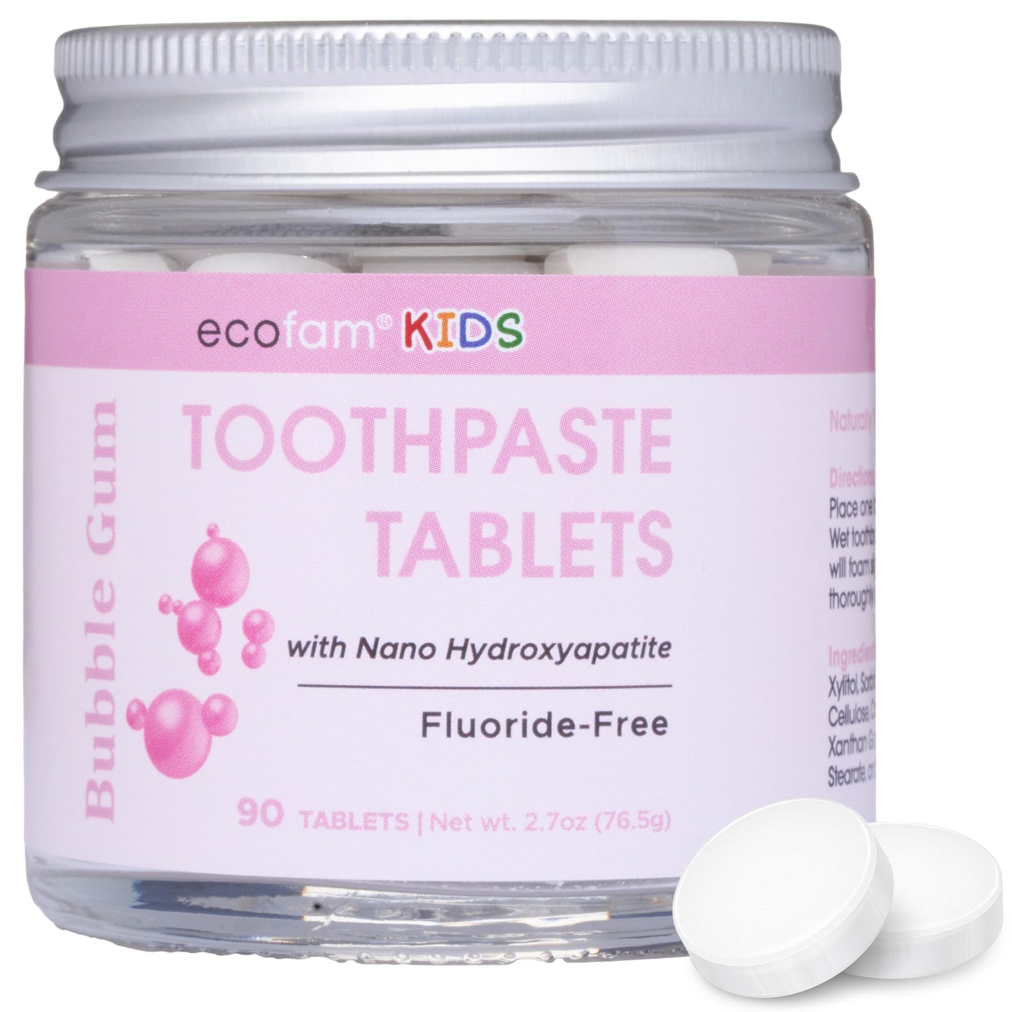 EcoFam Toothpaste Tablets Bubblegum for Kids – Nano Hydroxyapatite, Fluoride Free, 90 Tabs