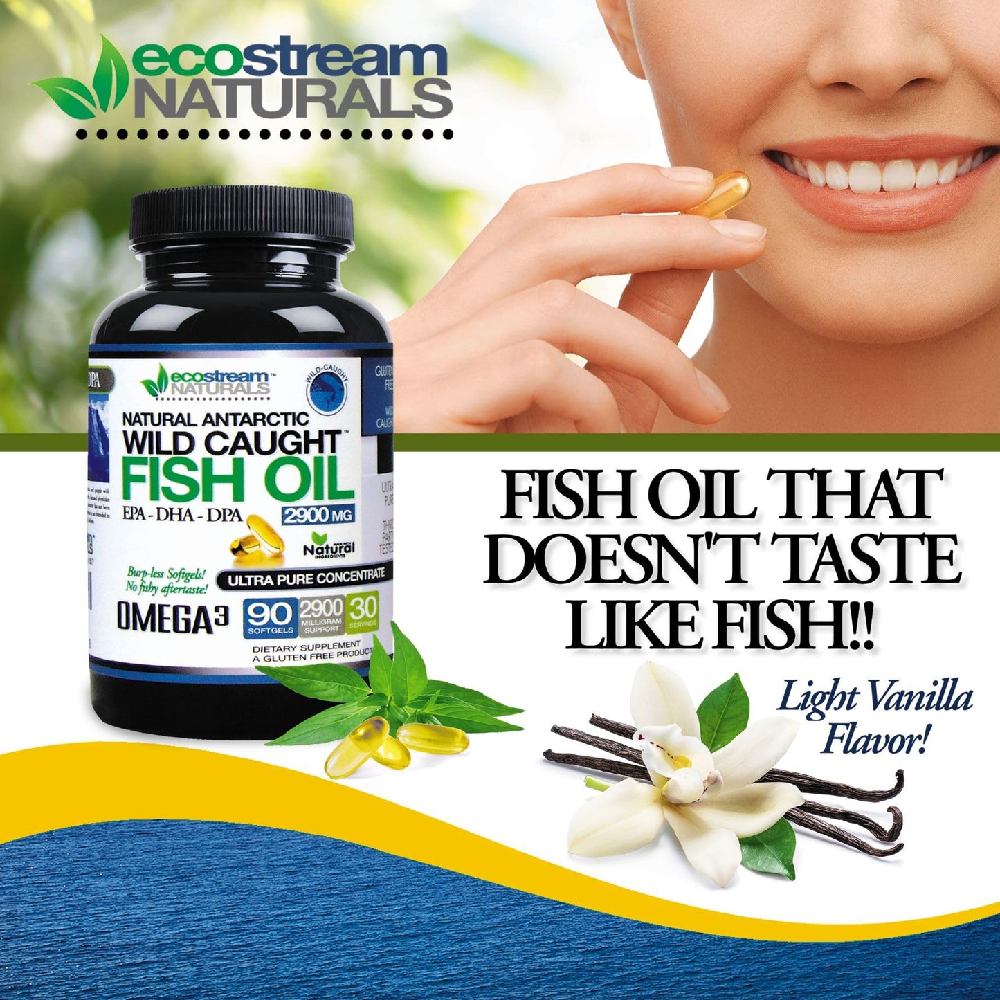 Ecostream Naturals Wild-Caught Omega-3 2,900 mg – Pack of 2 with DPA/EPA/DHA (Enteric-Coated, No Fishy Taste)