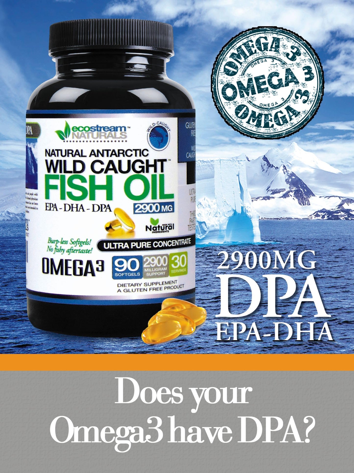 Ecostream Naturals Wild-Caught Omega-3 2,900 mg – Pack of 2 with DPA/EPA/DHA (Enteric-Coated, No Fishy Taste)