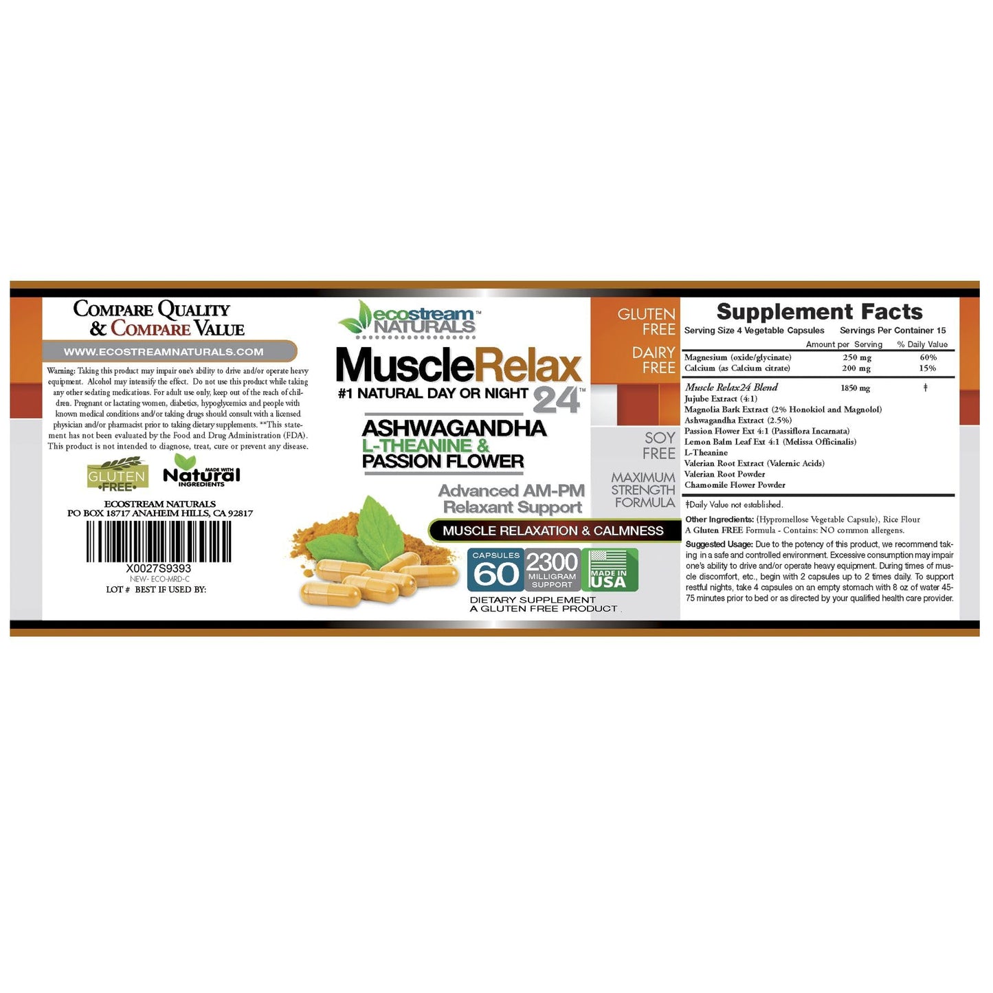 ecostream Naturals Relaxant – 2300 mg Day/Night Capsules with Valerian, Passion Flower, Magnesium (2-Pack)