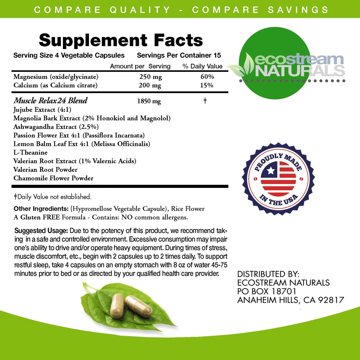 ecostream Naturals Relaxant – 2300 mg Day/Night Capsules with Valerian, Passion Flower, Magnesium (2-Pack)