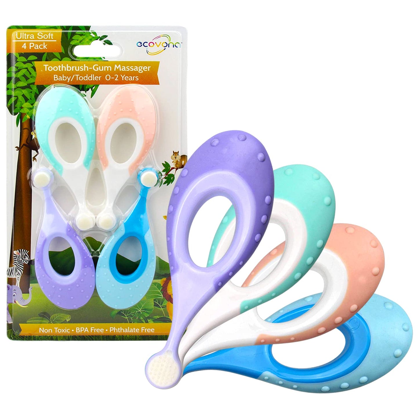 Ecovona Baby & Toddler Toothbrush 0-2 | Extra Soft Bristles | BPA-Free | 4-Pack