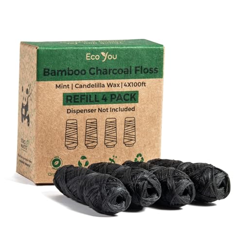 EcoYou Bamboo Charcoal Dental Floss - Mint & Candelilla Wax | Vegan & Biodegradable (4 Refills Pack) | PFAS Free