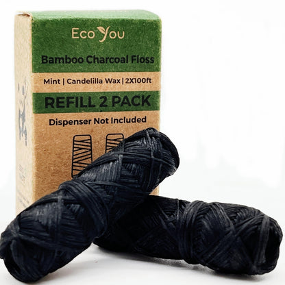 EcoYou Bamboo Charcoal Dental Floss - Mint & Candelilla Wax - Vegan & Biodegradable (2 Refills Pack)
