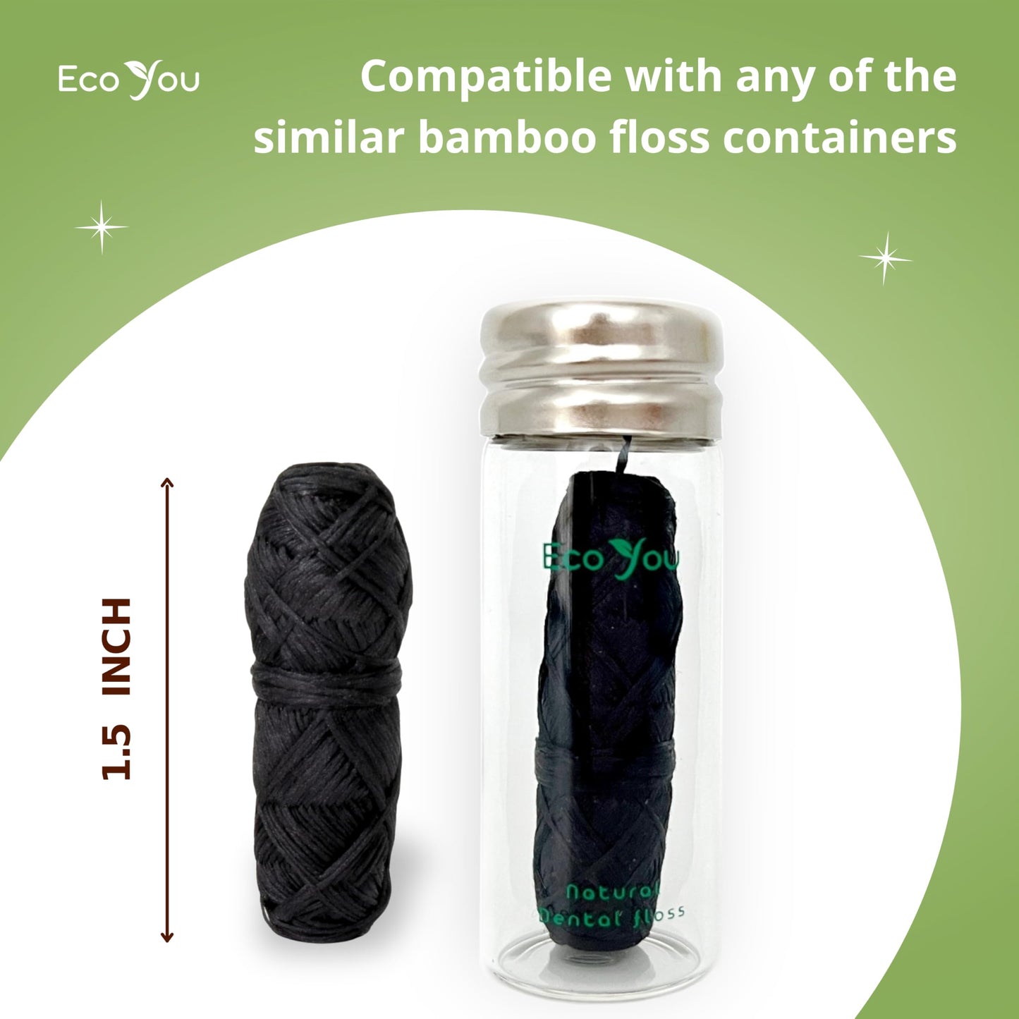 EcoYou Charcoal Bamboo Floss – 2 Refill Spools + Glass Container | Vegan & Biodegradable