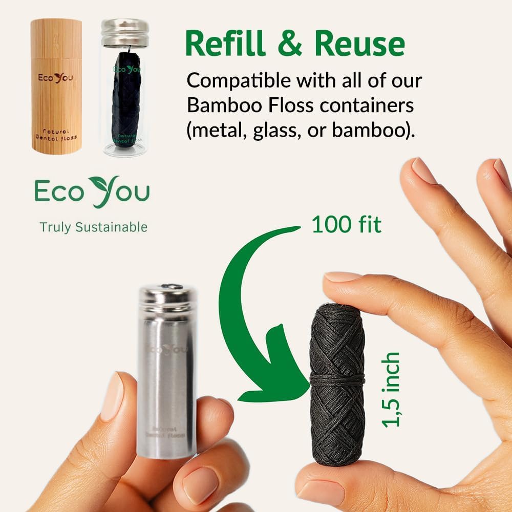 EcoYou Charcoal Bamboo Floss | 2 Spools + Stainless Steel Container | Vegan & Biodegradable