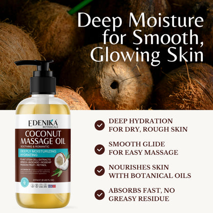 Edenika Botanicals Tropical Coconut Massage Oil - 8 fl oz | Deep Moisture & Relaxing Aromatherapy