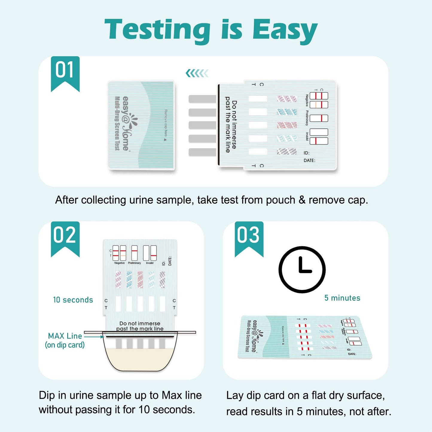 Easy@Home Multi-Drug Screen Test – 5 Pack Urine Drug Tests Kit (BZO/COC/THC/MET/MOR/OXY/BAR/BUP/MTD/TCA) | Instant Marijuana Test #EDOAP-7104