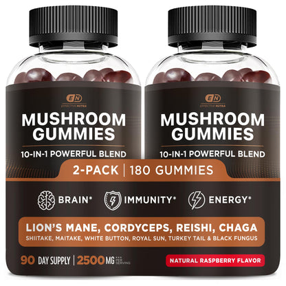 Effective Nutra Mushroom Gummies 2500mg - 10-in-1 Lion’s Mane, Reishi, Chaga, Cordyceps & More - Focus, Clarity, Memory - Raspberry Flavor, Vegan, Made in USA (2-Pack)