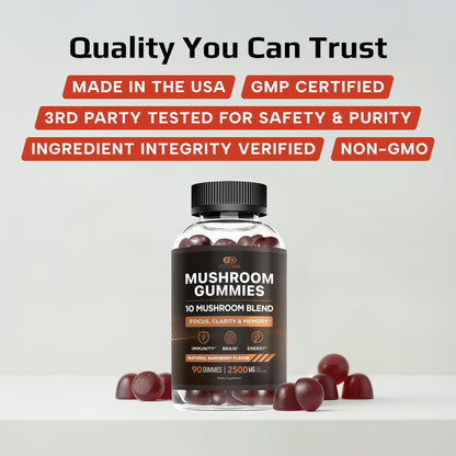 Effective Nutra Mushroom Gummies 2500mg - 10-in-1 Lion’s Mane, Reishi, Chaga, Cordyceps & More - Focus, Clarity, Memory - Raspberry Flavor, Vegan, Made in USA (2-Pack)