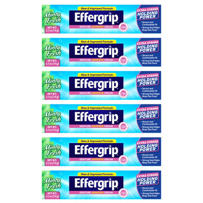 Effergrip Denture Adhesive Cream – Extra Strong Hold, Zinc Free, ADA Seal, 2.5 oz (Pack of 6)