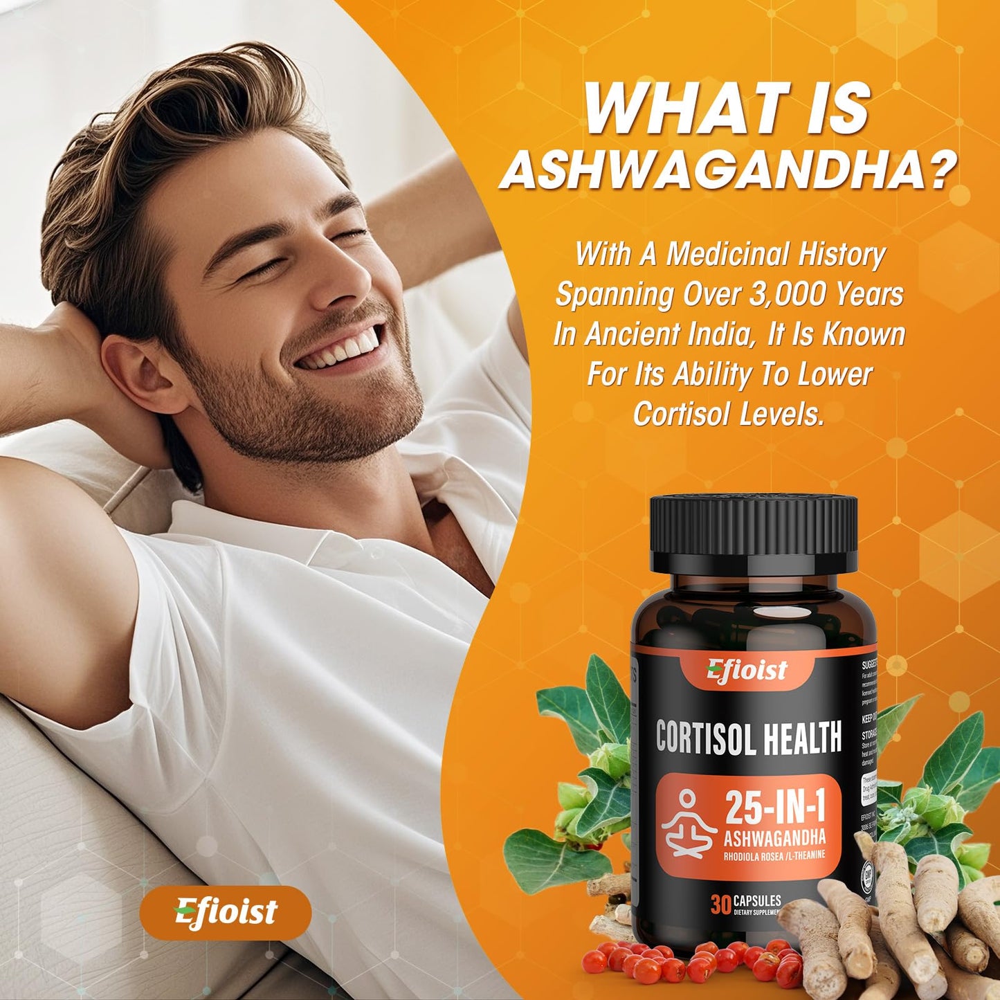 Efioist Cortisol Supplement for Women & Men – 25-in-1 Ashwagandha, Rhodiola, L-Theanine, Mood, Focus & Sleep Support | 30 Capsules